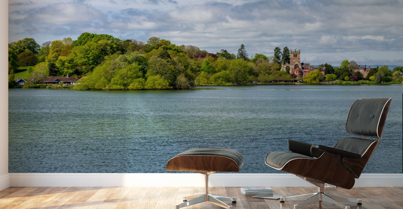 View across the Mere to the town of Ellesmere in Shropshire Wall Murals
