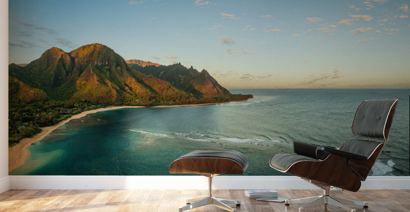 Panorama aerial view of Tunnels Beach at sunrise on Kauai in Hawaii Wall Murals