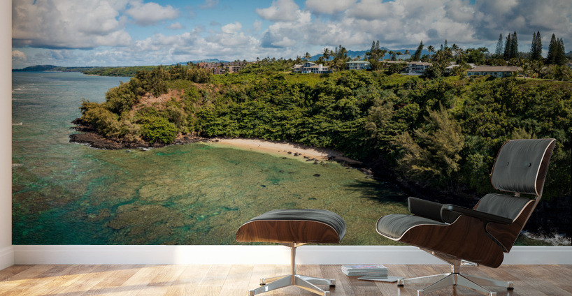 Overhead panorama view of Sealodge beach in Princeville on Kauai Wall Murals