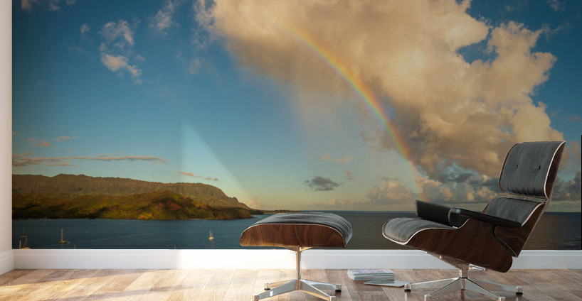 Rainbow over Hanalei bay in panorama across the ocean Wall Murals