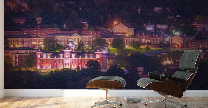 Pastel drawing campus of West Virginia university at night Wall Murals