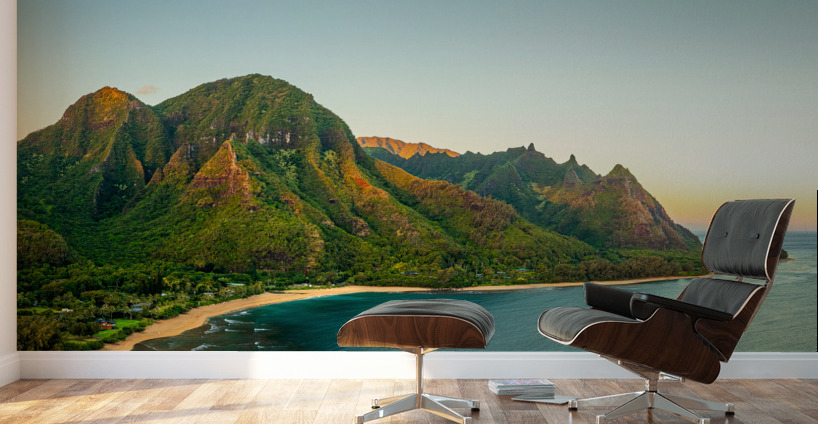 Aerial shot of Tunnels Beach at sunrise on Kauai in Hawaii Wall Murals