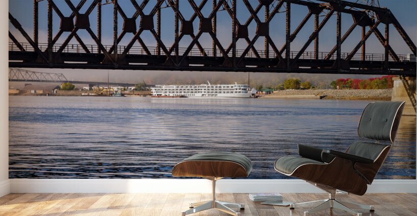 River cruise boat docked in Dubuque IA under Railroad bridge Wall Murals
