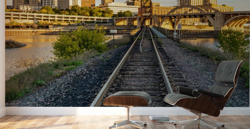 Railroad bridge over Mississippi river at sunrise in St Paul Wall Murals
