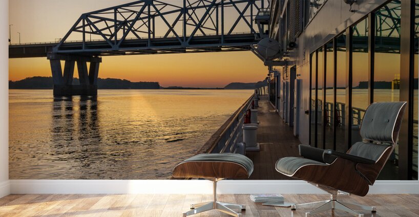 River cruise boat sails to Mark Twain Memorial road bridge Wall Murals