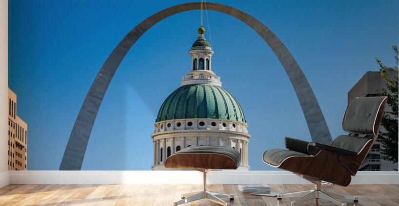 Dome of Old Courthouse in St Louis Missouri against Gateway arch Wall Murals