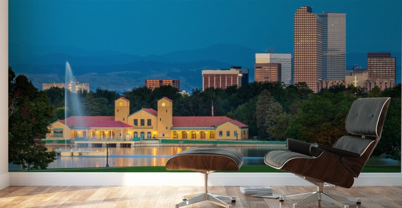 Skyline of Denver at dawn from City Park with boathouse Wall Murals