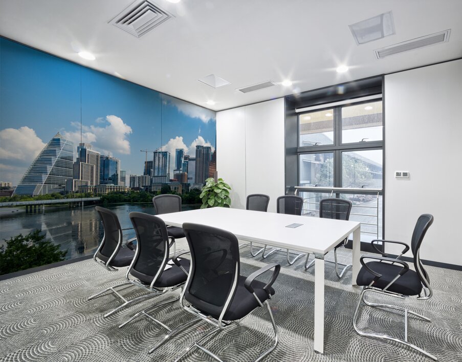 Cityscape of offices in Austin Texas across Lady Bird Lake Wall Printing