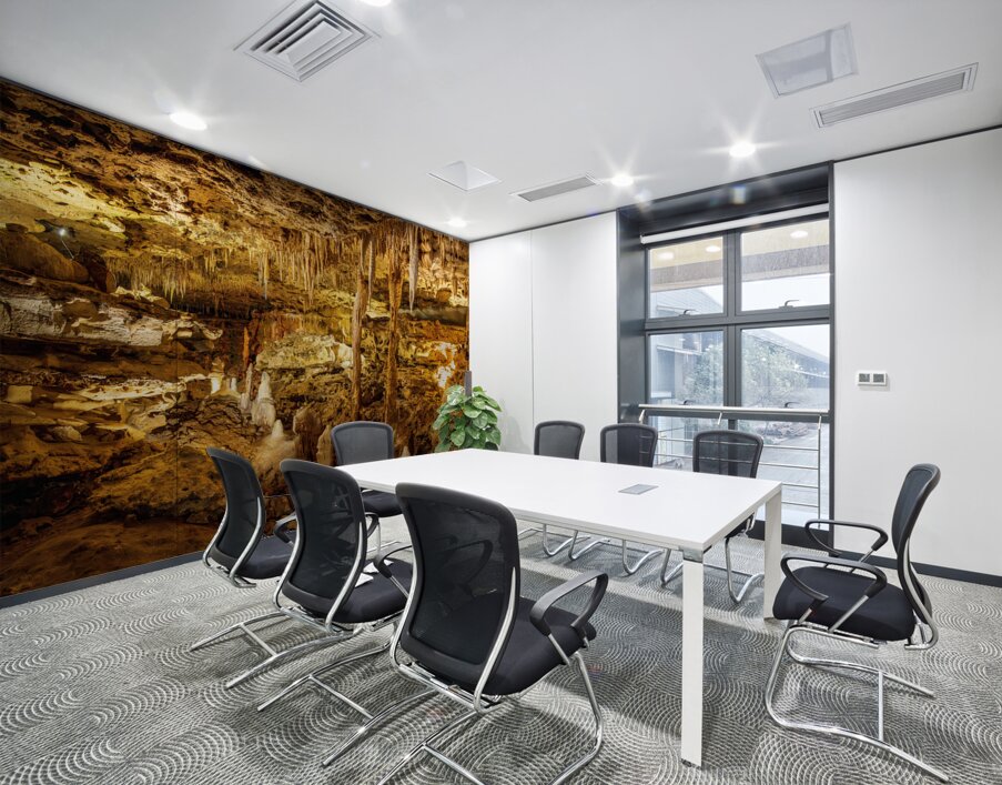 Geologic formations of stalactites and stalagmites in Texas cave Wall Printing