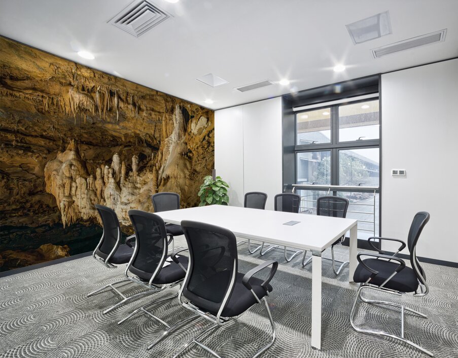 Geologic formations of stalactites and stalagmites in Texas cave Wall Printing