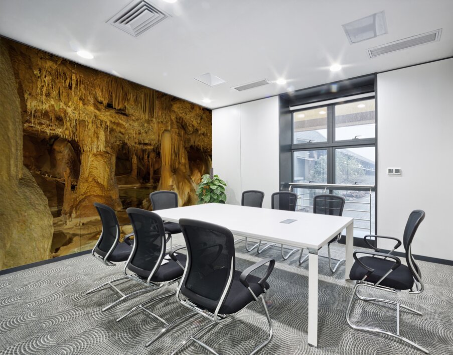 Geologic formations of stalactites and stalagmites in Texas cave Wall Printing