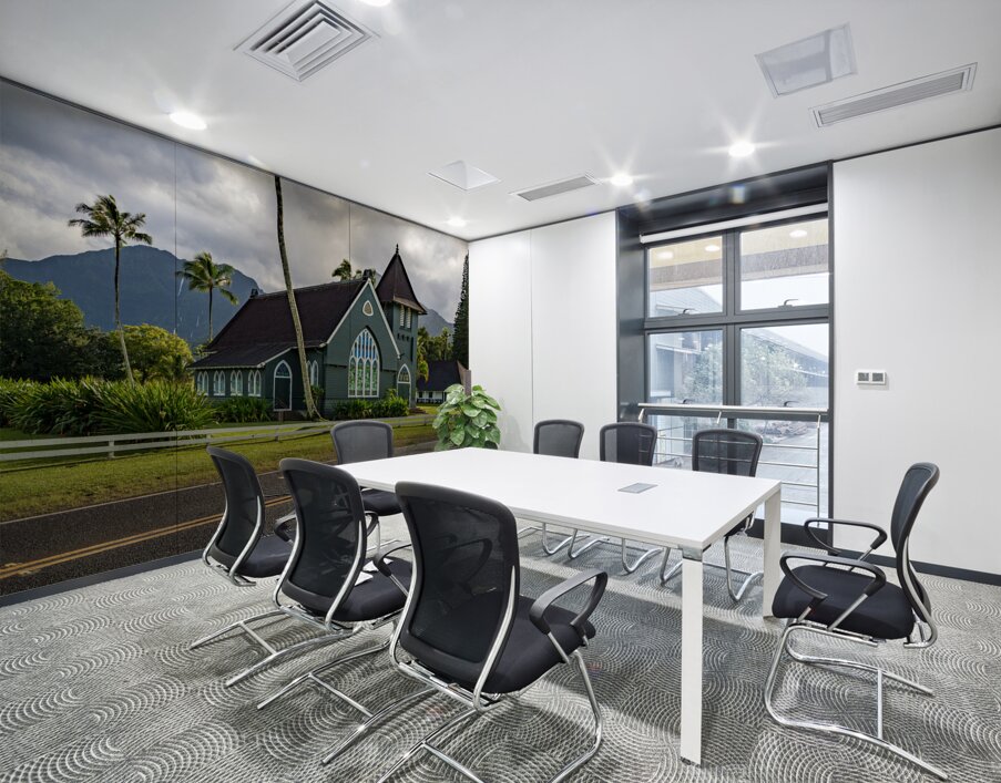 Waioli Huiia Church stands in Hanalei Kauai with waterfalls in Wall Printing