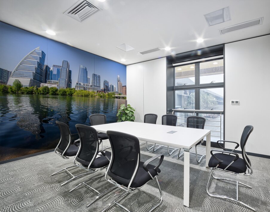 Fisheye lens view of Austin skyline including Lady Bird Lake Wall Printing