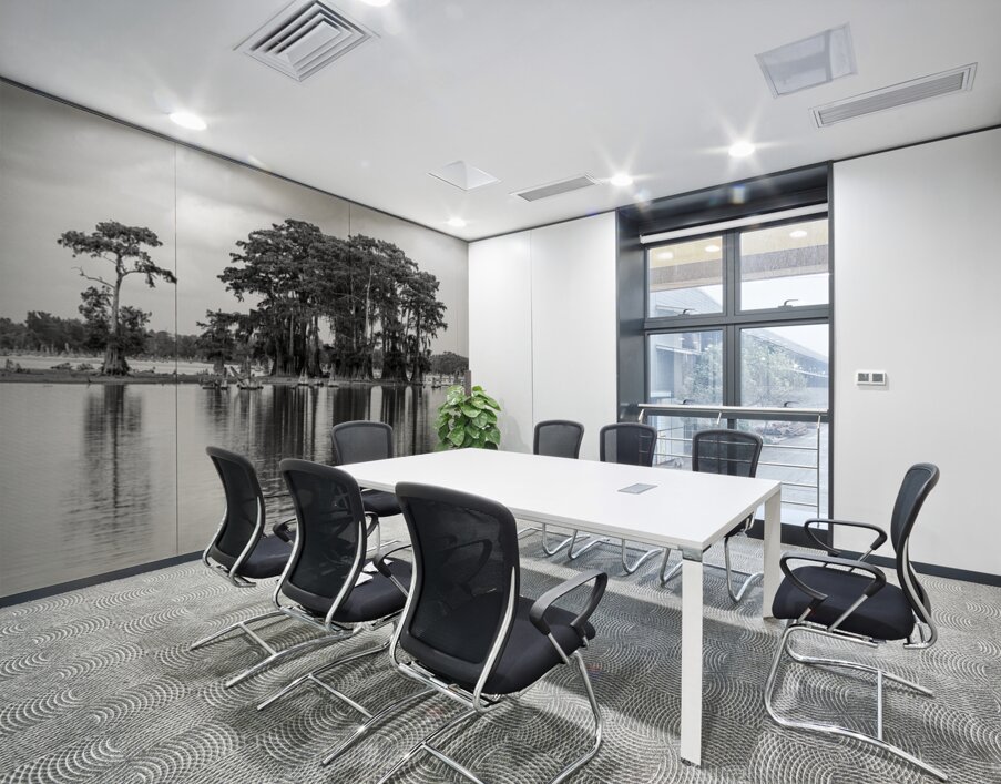 Stand of bald cypress trees rise out of water in Atchafalaya bas Wall Printing