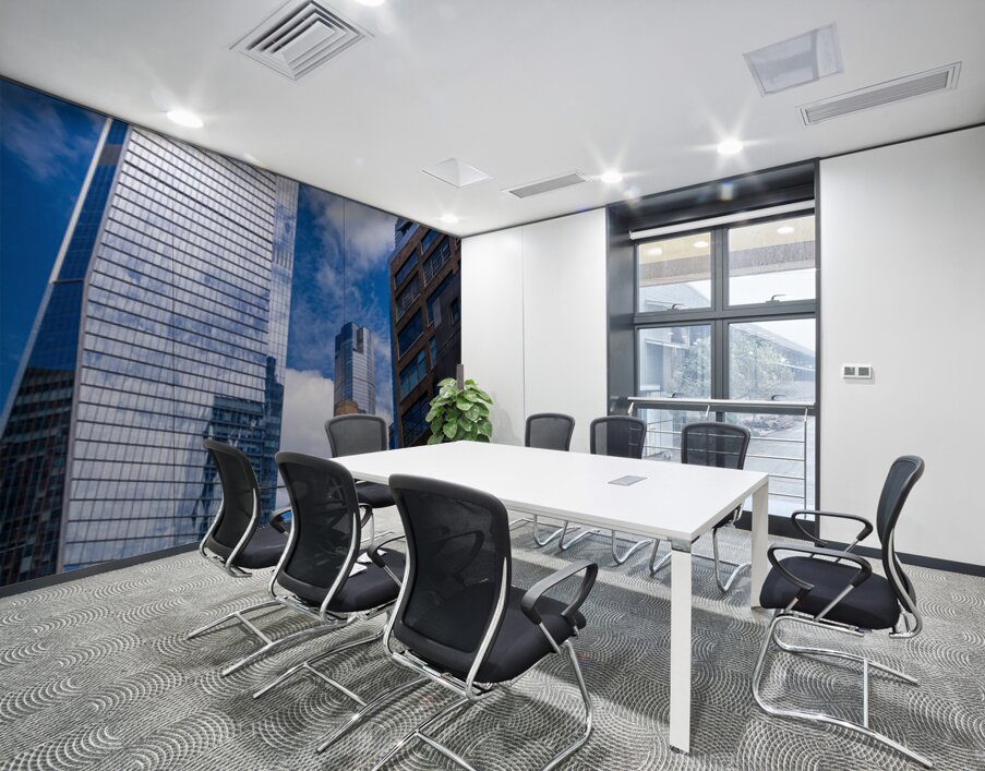 Looking up at modern buildings by brick chimney in Hudson Yards Wall Printing