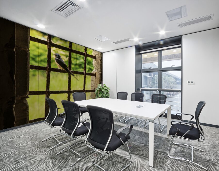 Barn swallow perched on the bars of window of 13th Century forti Wall Printing