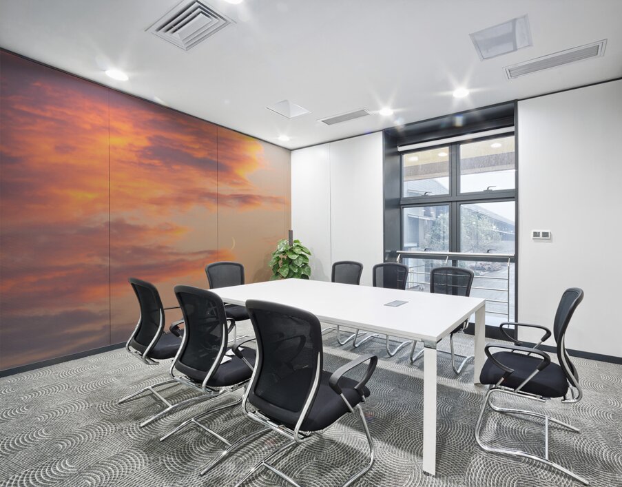 Fiery sunset clouds enveloping the new crescent moon over Lake C Wall Printing