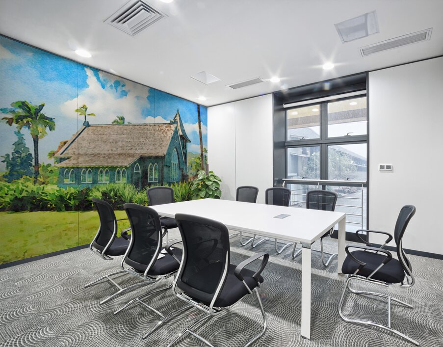 Watercolor painting of Mission or Green Church in Hanalei Kauai Wall Printing