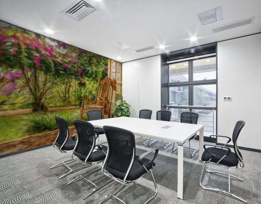 Oil painting of vintage wooden rocking chair with a straw hat re Wall Printing