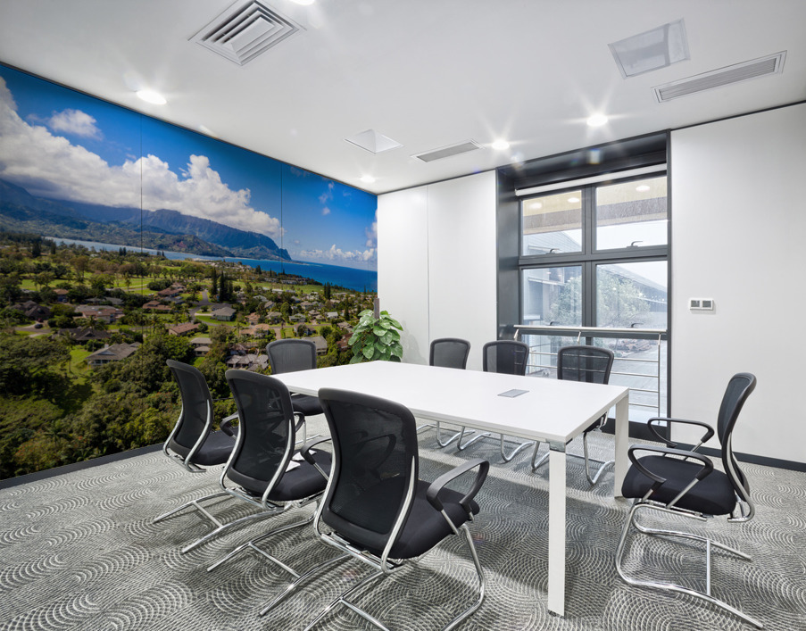 Aerial shot over Princeville with Hanalei Bay Wall Printing