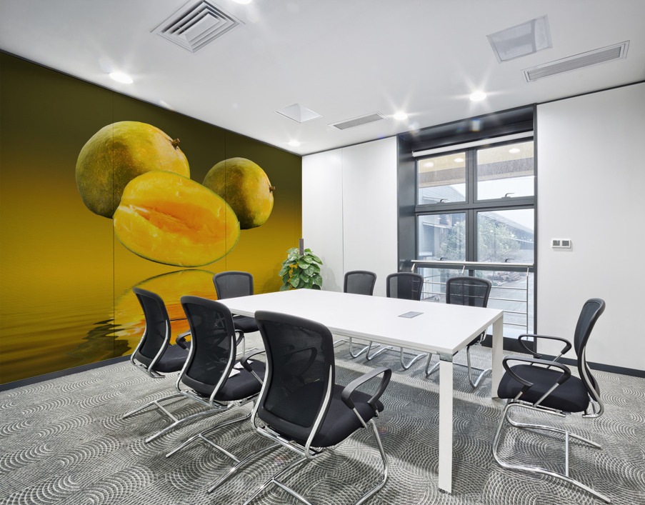 Two mangoes and one cut mango reflecting Wall Printing
