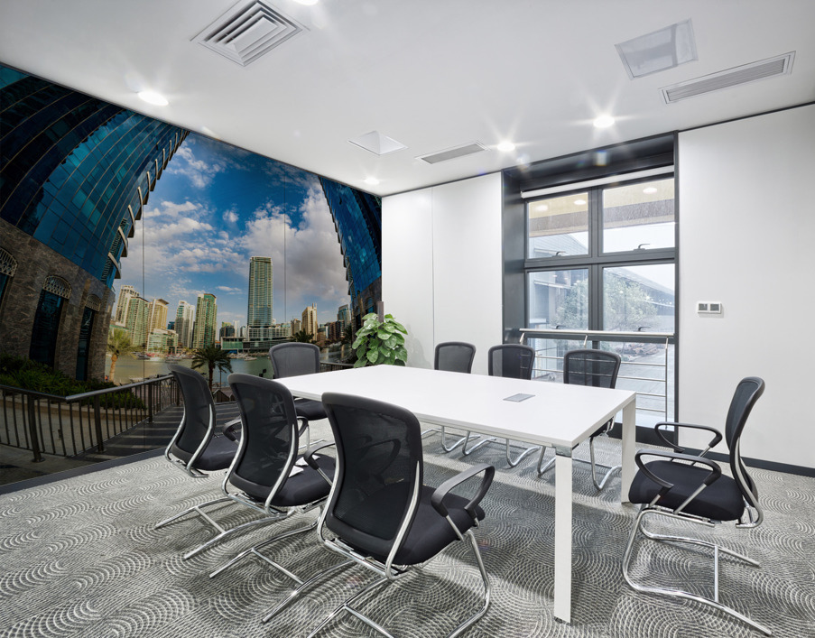 Fisheye view of tall buildings on waterfront at Dubai Marina Wall Printing