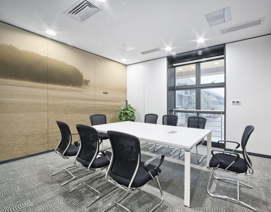 Fisherman fishing in Mississippi river on misty autumn morning Wall Printing