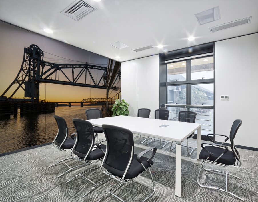 River cruise boat sails under Wabash Railroad bridge Wall Printing