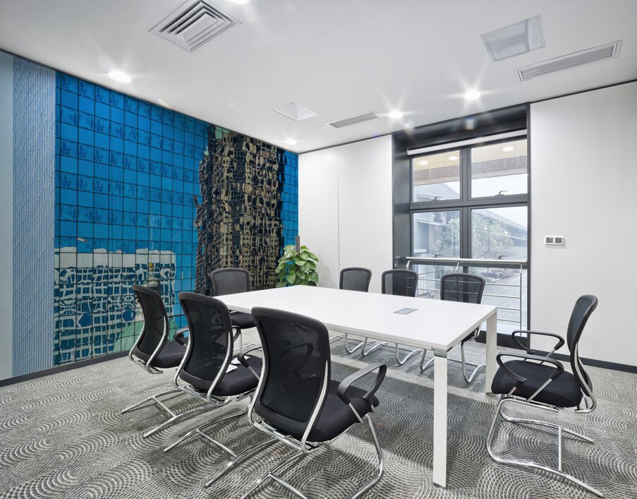 Complex reflections of a modern skyscraper in St Louis office bu Wall Printing