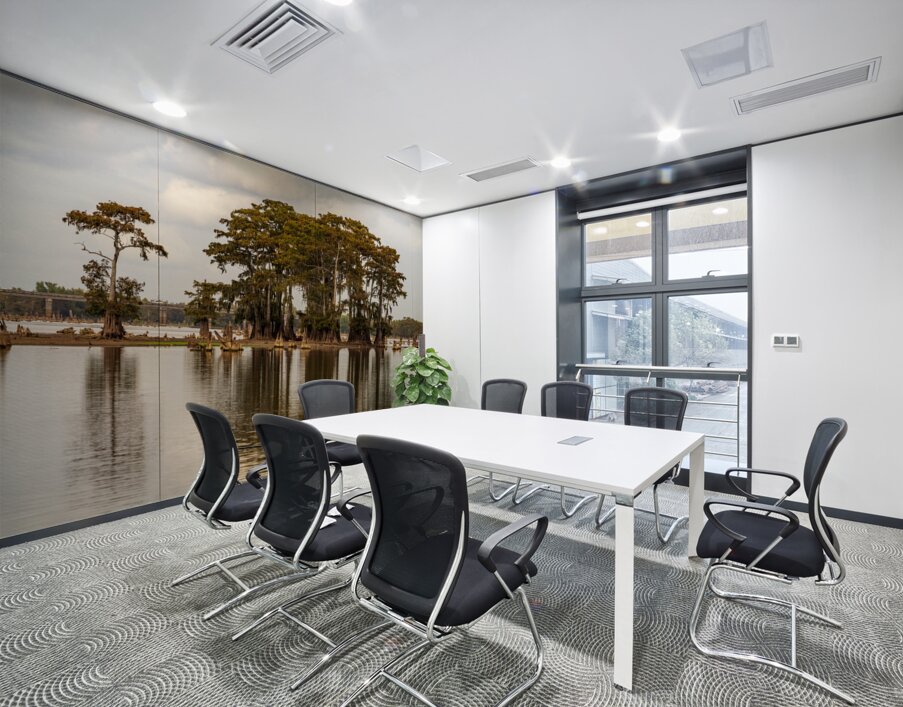 Stand of bald cypress trees rise out of water in Atchafalaya bas Wall Printing