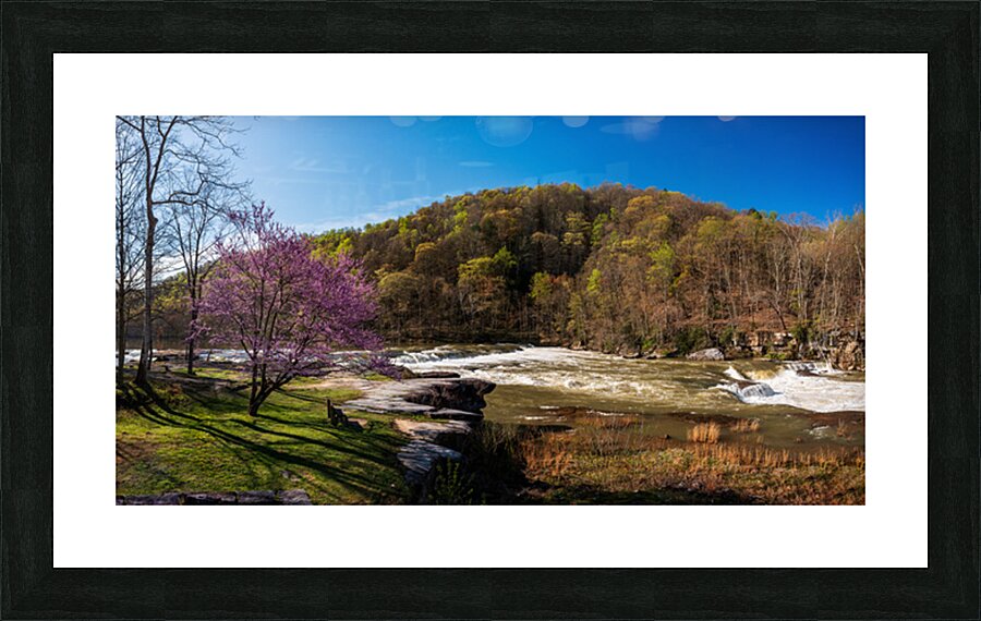 Panorama of Valley Falls WV on a spring morning with bench Picture Frame print