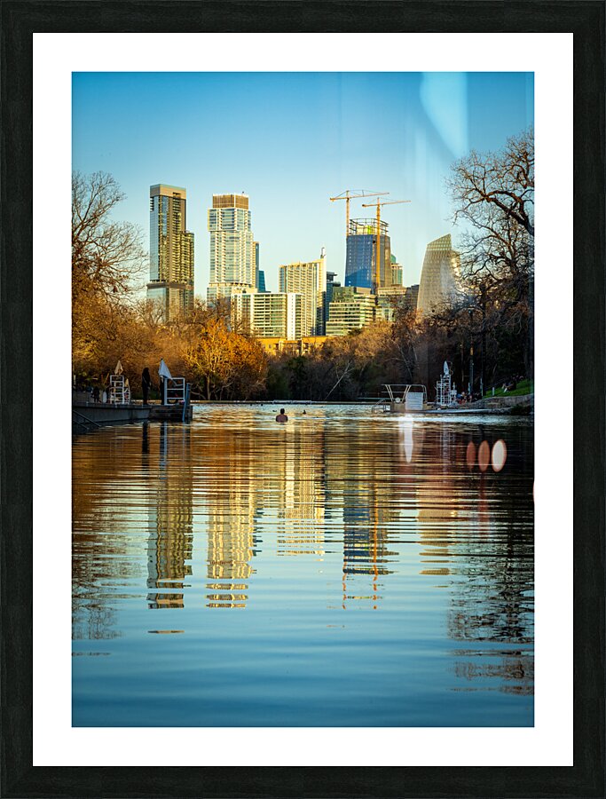 Cityscape of downtown Austin from Barton Springs Pool on New Yea Picture Frame print