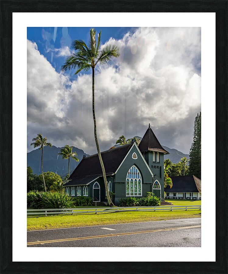 Waioli Huiia Church stands in Hanalei Kauai with waterfalls in Picture Frame print