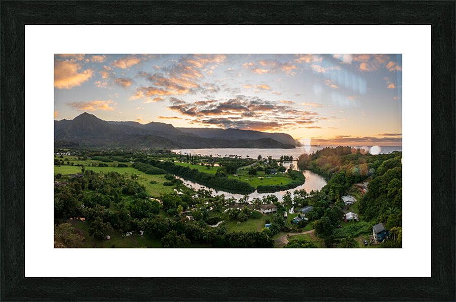 Panoramic aerial view of sunset over Hanalei Bay Picture Frame print