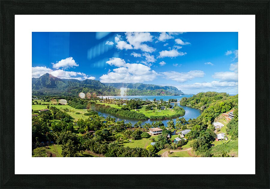 Panoramic aerial view of Hanalei Bay verdant landscape  Picture Frame print