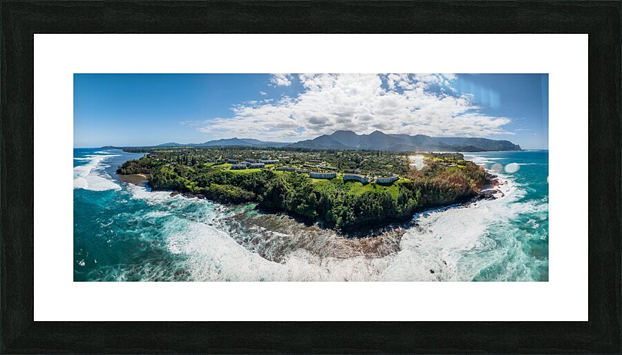 Aerial view of Princeville to Na Pali coast off Sealodge beach Picture Frame print