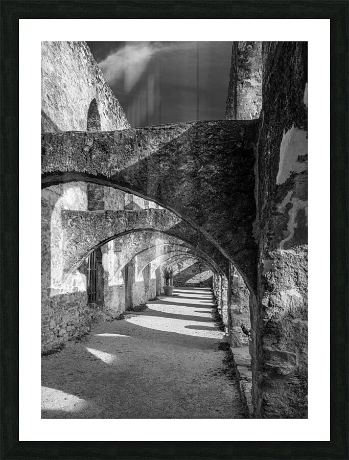 Repeating arches in priest building at Mission San Jose Texas Picture Frame print