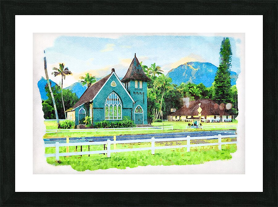 Waioli Huiia Church stands in Hanalei Kauai in watercolor Picture Frame print