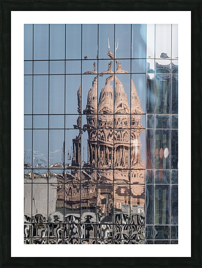 Intricate reflections of the Texas state capitol building on a s Picture Frame print