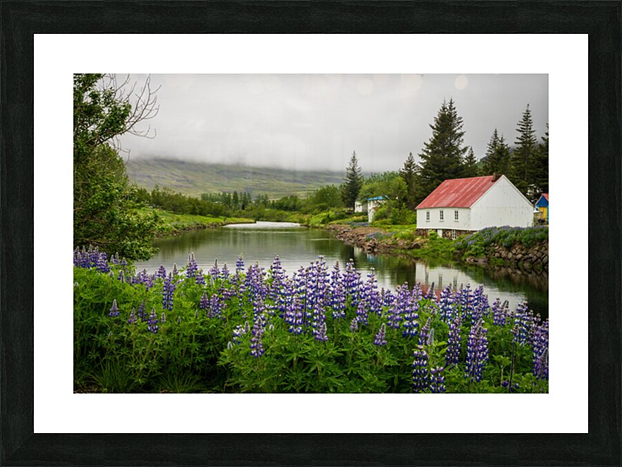 Peaceful scene in Seydisfjordur of river flowing from misty moun Picture Frame print