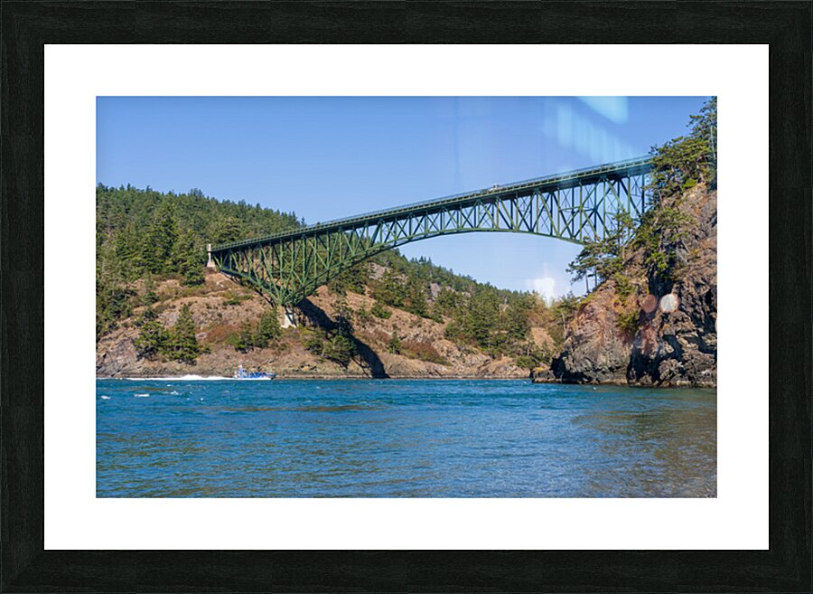 Island Whaler tour sails on Deception Pass under historic cantil Picture Frame print