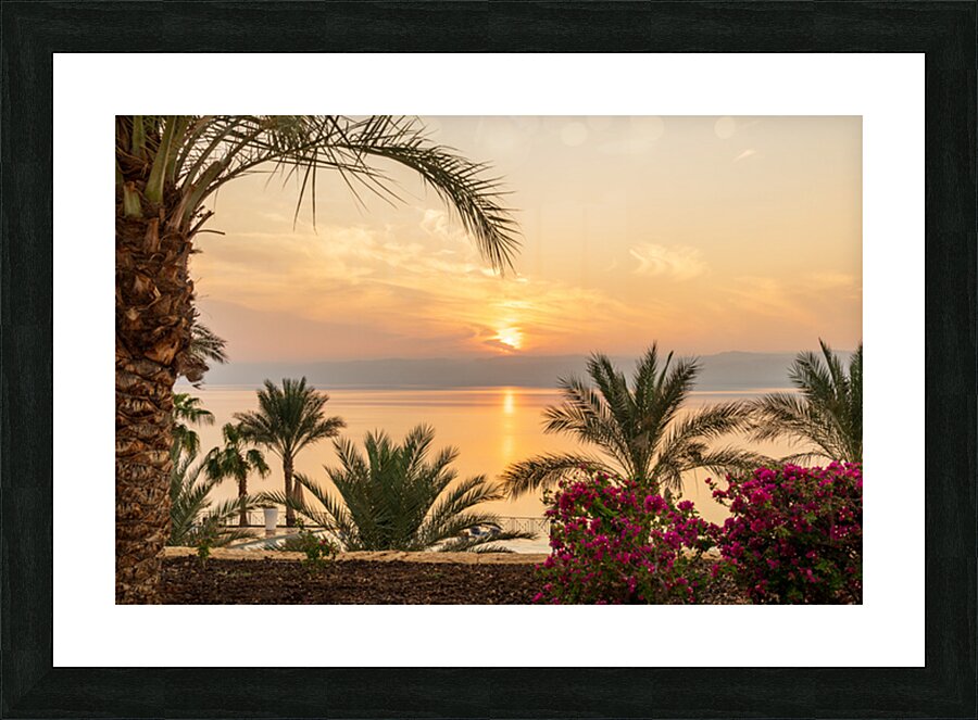 Sun setting behind the West Bank of Israel over Dead Sea Picture Frame print
