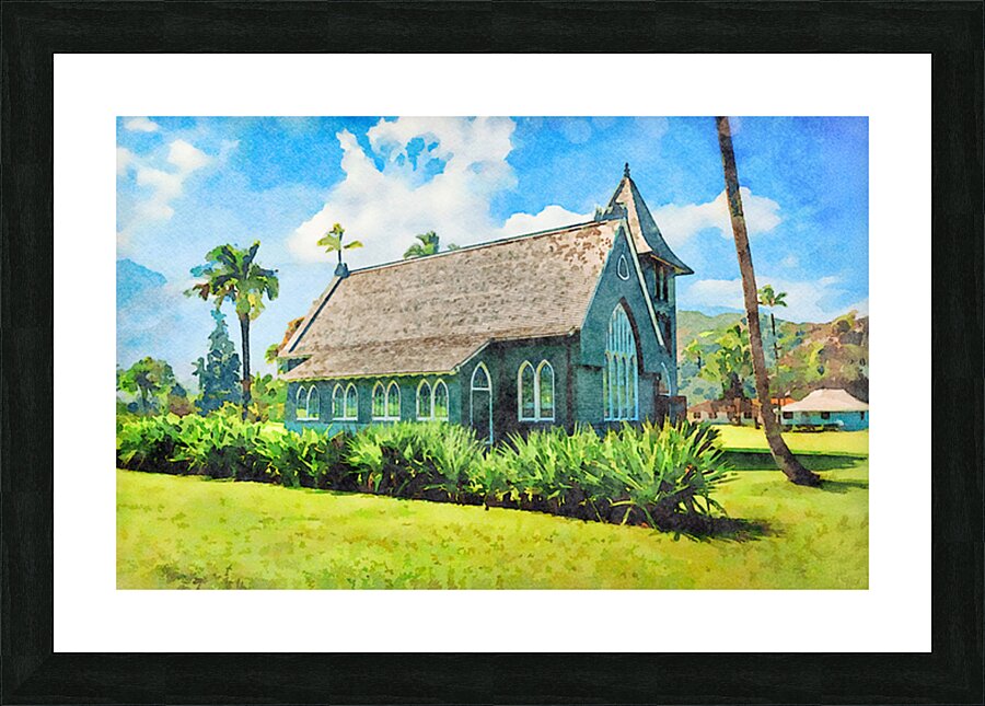 Watercolor painting of Mission or Green Church in Hanalei Kauai Picture Frame print