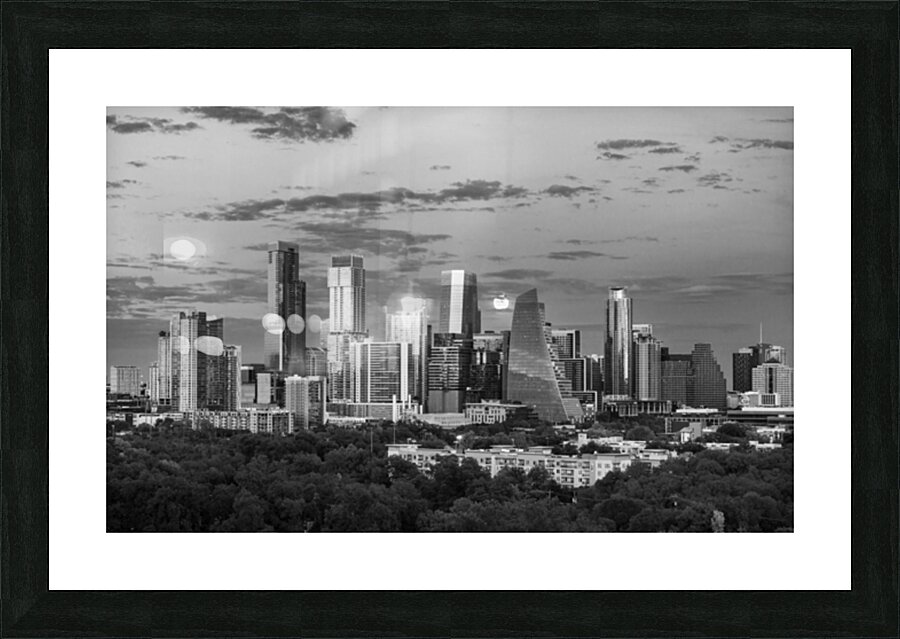 Monochrome view of harvest moon in the Austin skyline Picture Frame print