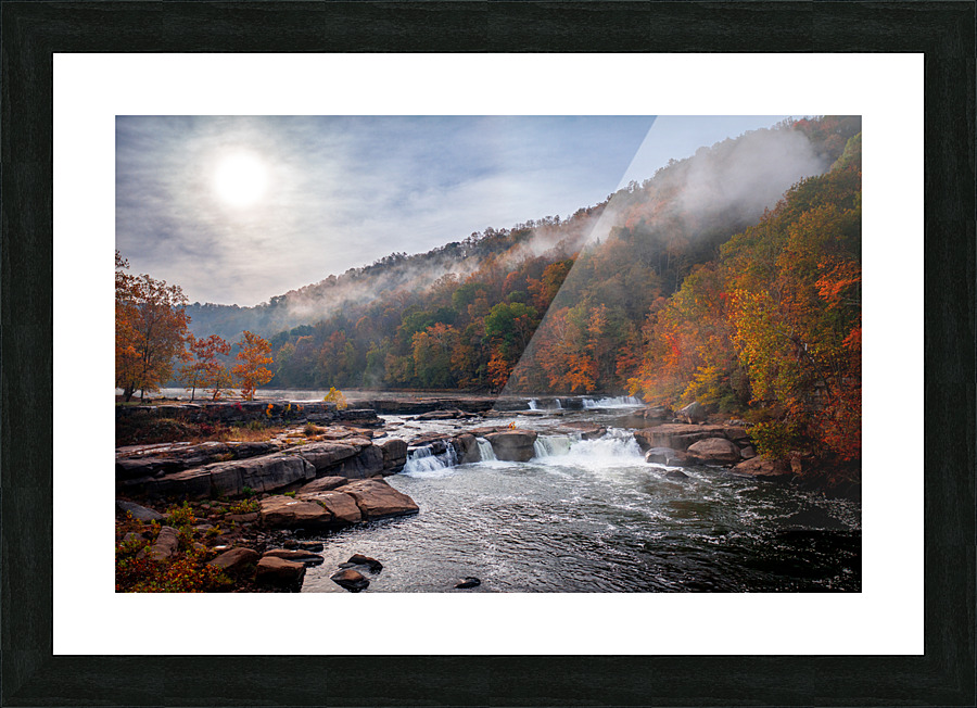 Sun rising over Valley Falls on a misty autumn day Picture Frame print