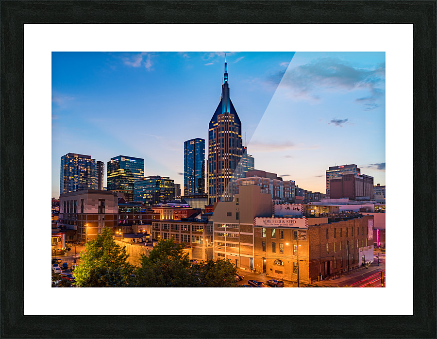 Skyline of Nashville with focus on Broadway in the evening Picture Frame print