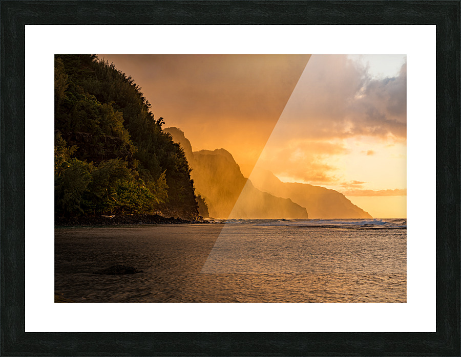 Sunset over the receding mountains of the Na Pali coast of Kauai Picture Frame print