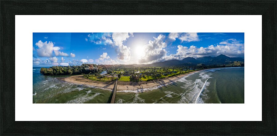 Aerial drone shot of Hanalei bay from over the pier Picture Frame print