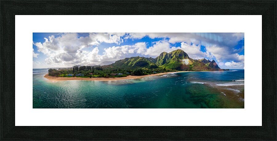 Aerial drone panorama of Tunnels Beach Kauai Hawaii Picture Frame print