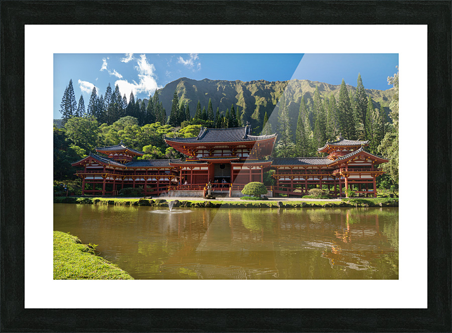 Byodo In buddhist temple under the tall mountain range Picture Frame print